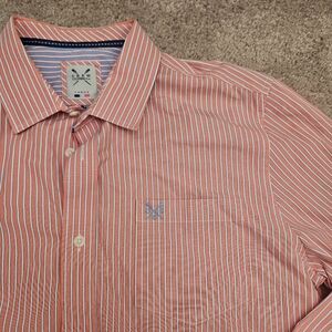 Crew Clothing Co Mens Long Sleeved Shirt Size L Classic Fit Orange Blue Striped